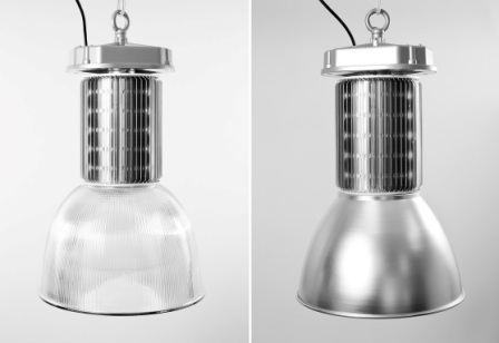 LED hight bay lamps with transparent (left) and alumium (right) reflectors